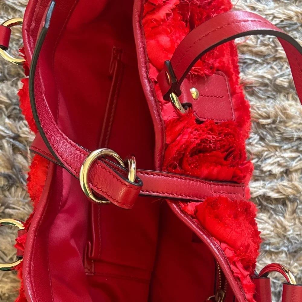 Valentino Red Floral Textured Tote, Gold Hardware - Picture 7 of 14